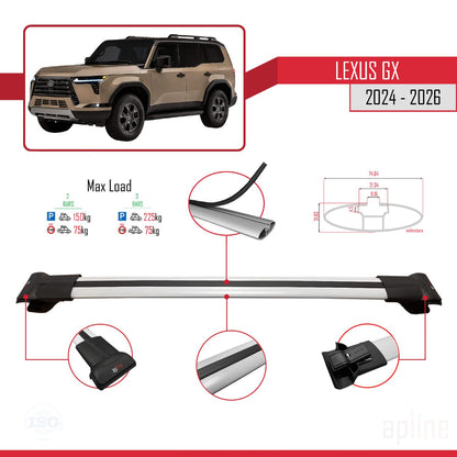 Compatible avec Lexus GX 2024-2025 FLY Model Barres de Toit Railing Porte-Bagages de Voiture Gris Aluminium 3 Barres