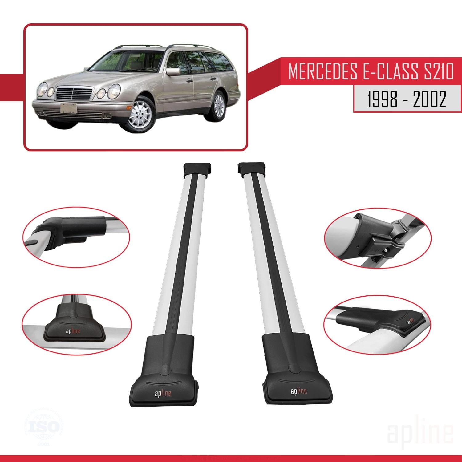 Compatible avec Mercedes E Class S210 Wagon 1998-2002 FLY Model Barres de Toit Railing Porte-Bagages de Voiture Gris Aluminium 2 Barres