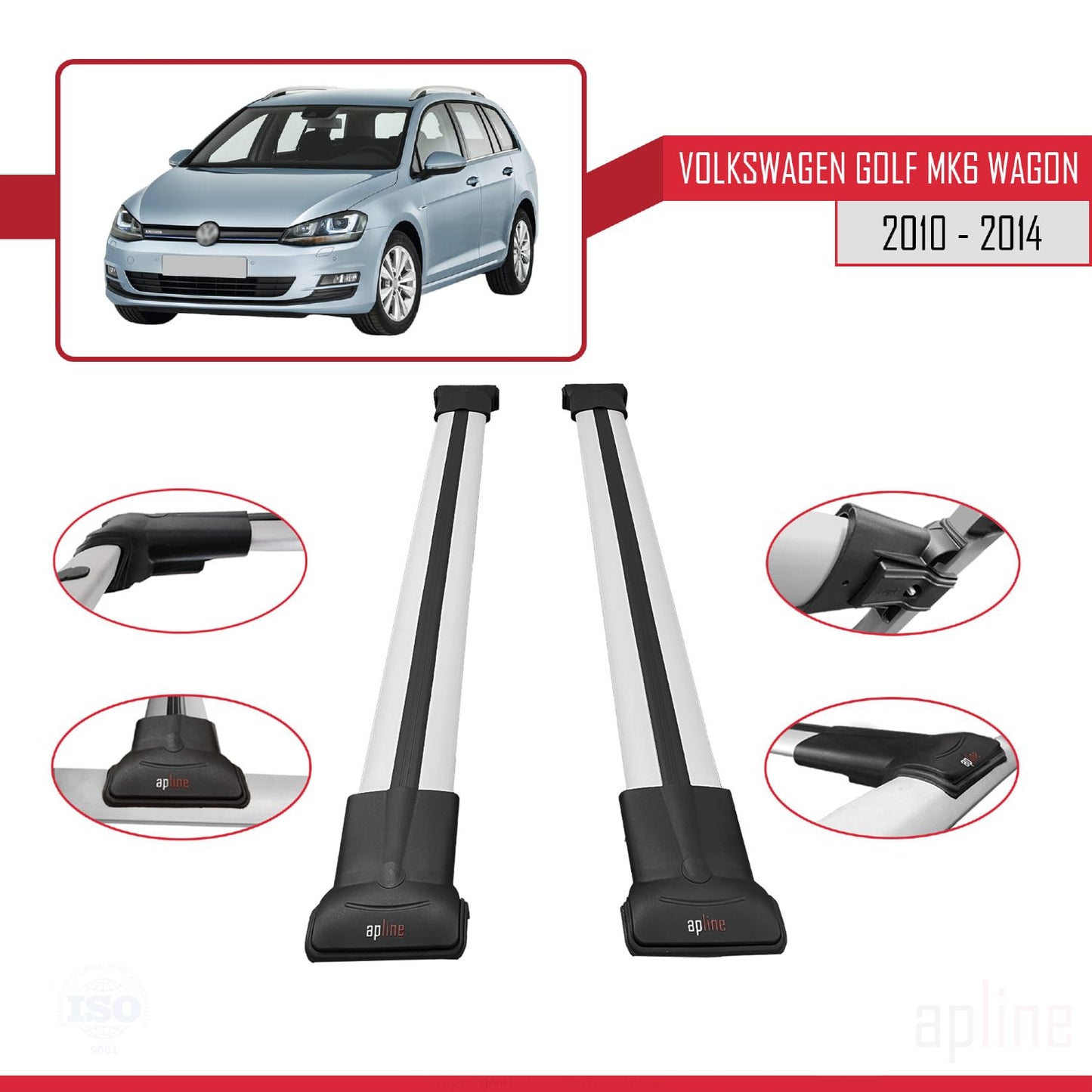 Compatible avec VW Golf Mk6 Wagon 2010-2014 FLY Model Barres de Toit Railing Porte-Bagages de Voiture Gris Aluminium 2 Barres