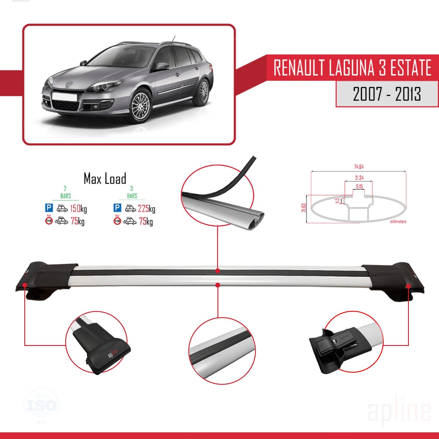 Compatible avec Renault Laguna 3 Estate 2007-2013 FLY Model Barres de Toit Railing Porte-Bagages de Voiture Gris Aluminium 2 Barres