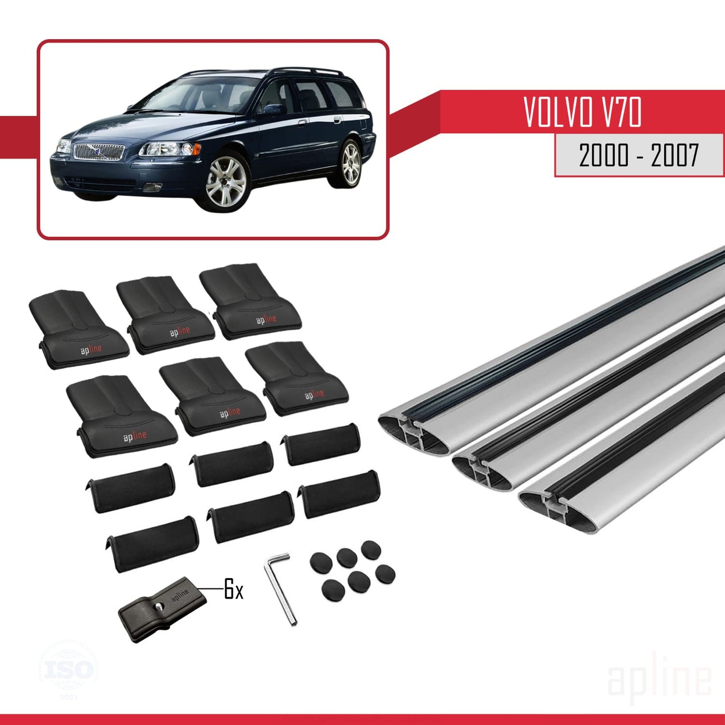 Compatible avec Volvo V70 2000-2007 FLY Model Barres de Toit Railing Porte-Bagages de Voiture Gris Aluminium 3 Barres