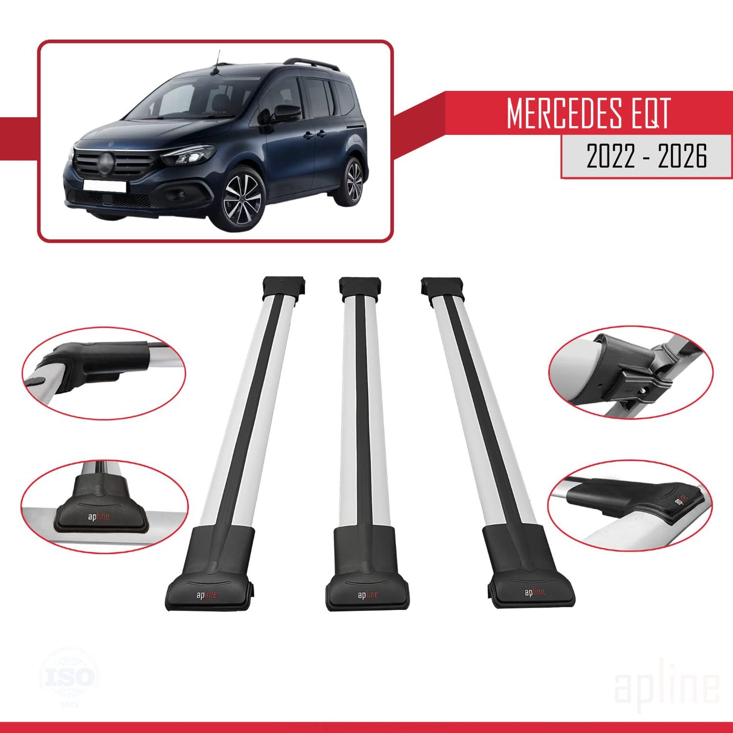 Compatible avec Mercedes EQT / Citan W420 2022-2025 FLY Model Barres de Toit Railing Porte-Bagages de Voiture Gris Aluminium 3 Barres