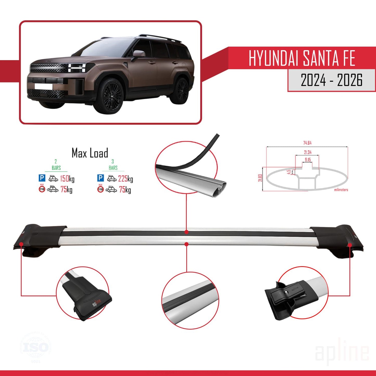 Compatible avec Hyundai Santa Fe 2024-2025 FLY Model Barres de Toit Railing Porte-Bagages de Voiture Gris Aluminium 3 Barres