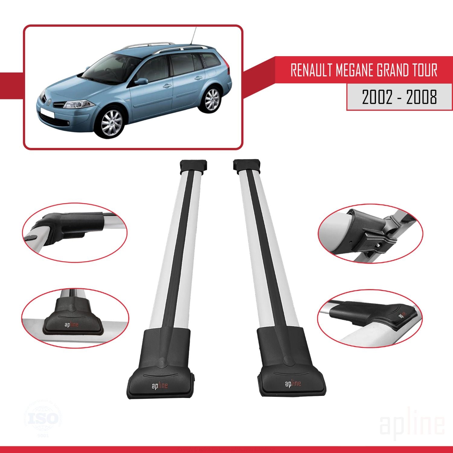 Compatible avec Renault Megane Grand Tour 2002-2008 FLY Model Barres de Toit Railing Porte-Bagages de Voiture Gris Aluminium 2 Barres