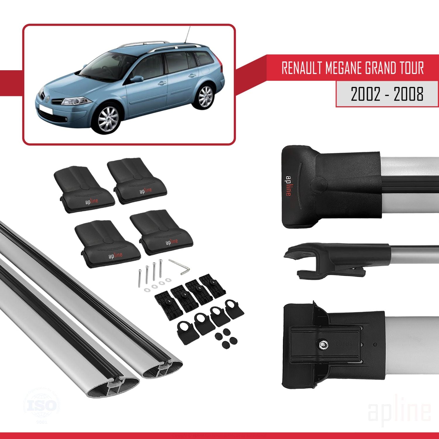 Compatible avec Renault Megane Grand Tour 2002-2008 FLY Model Barres de Toit Railing Porte-Bagages de Voiture Gris Aluminium 2 Barres