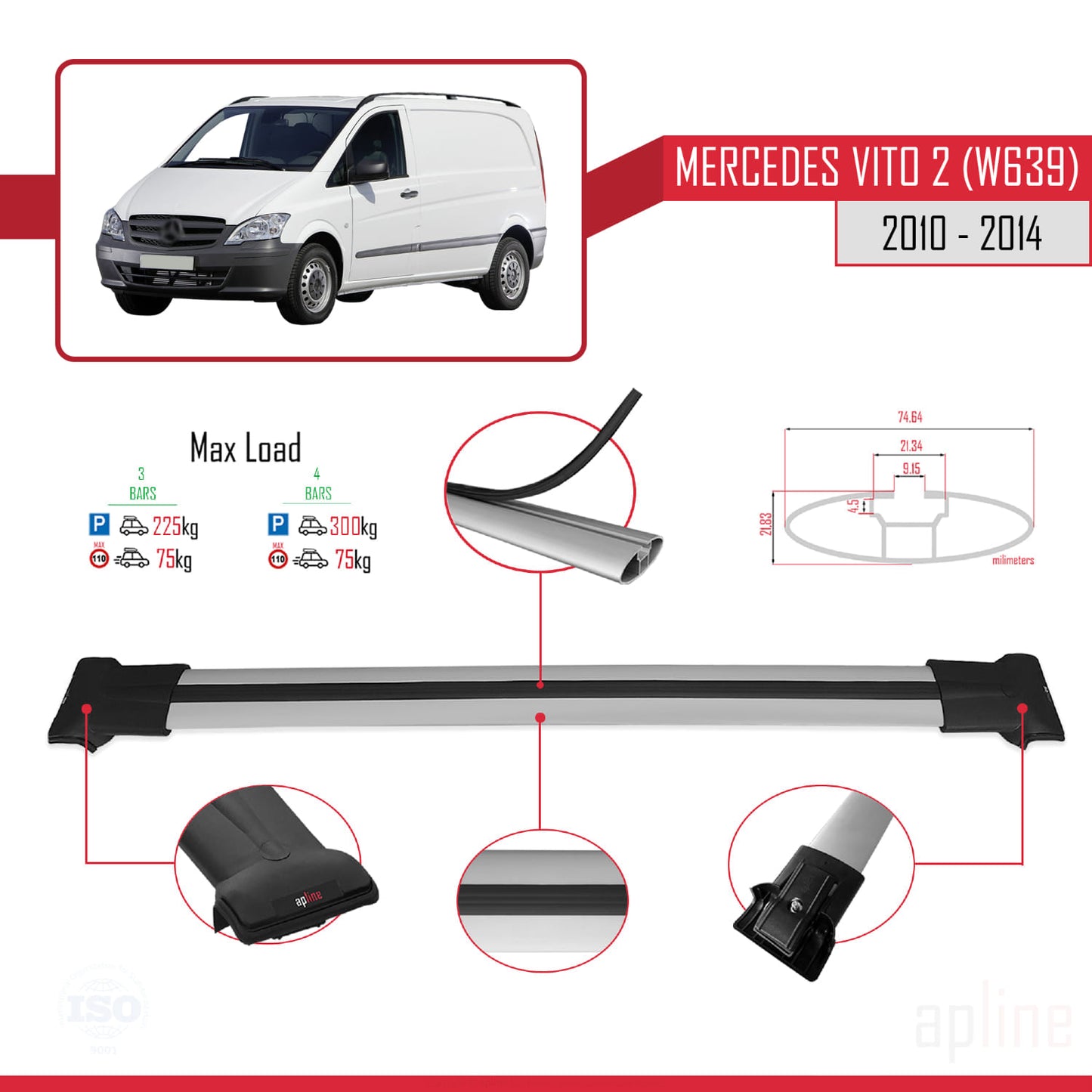 Compatible with Mercedes Vito 2 (W639) Post-Facelift 2010-2014 FLY Model Car Roof Rack Cross Bar Grey Aluminium 3 Bars