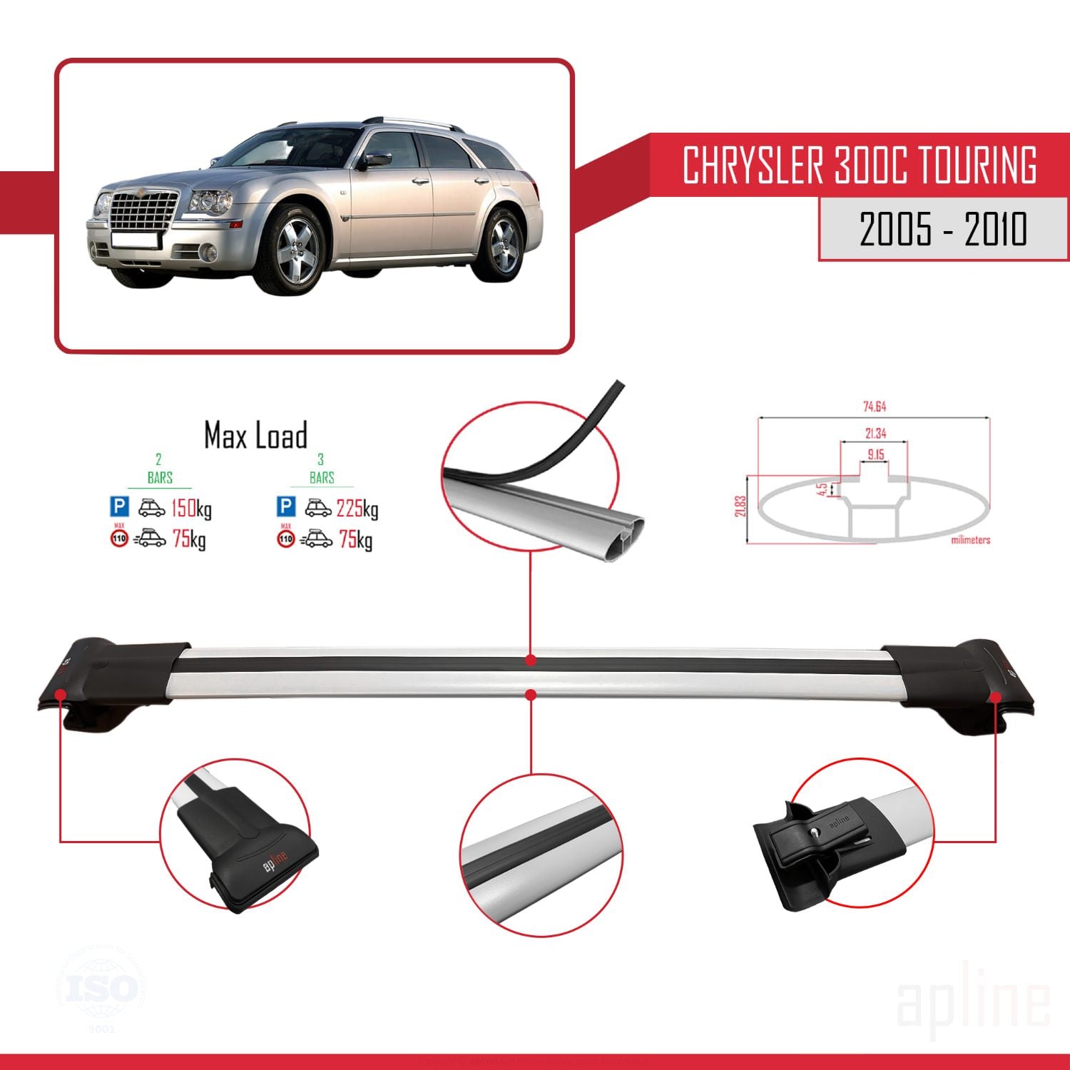 Compatible avec Chrysler 300C Touring 2005-2010 FLY Model Barres de Toit Railing Porte-Bagages de Voiture Gris Aluminium 2 Barres