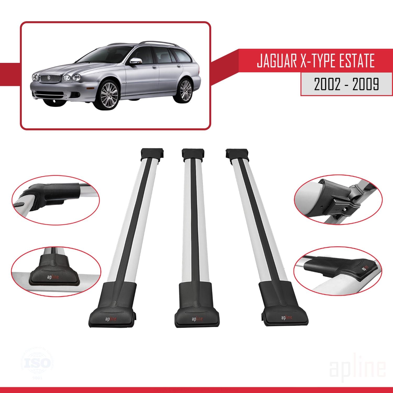 Compatible avec Jaguar X-Type Estate 2002-2009 FLY Model Barres de Toit Railing Porte-Bagages de Voiture Gris Aluminium 3 Barres