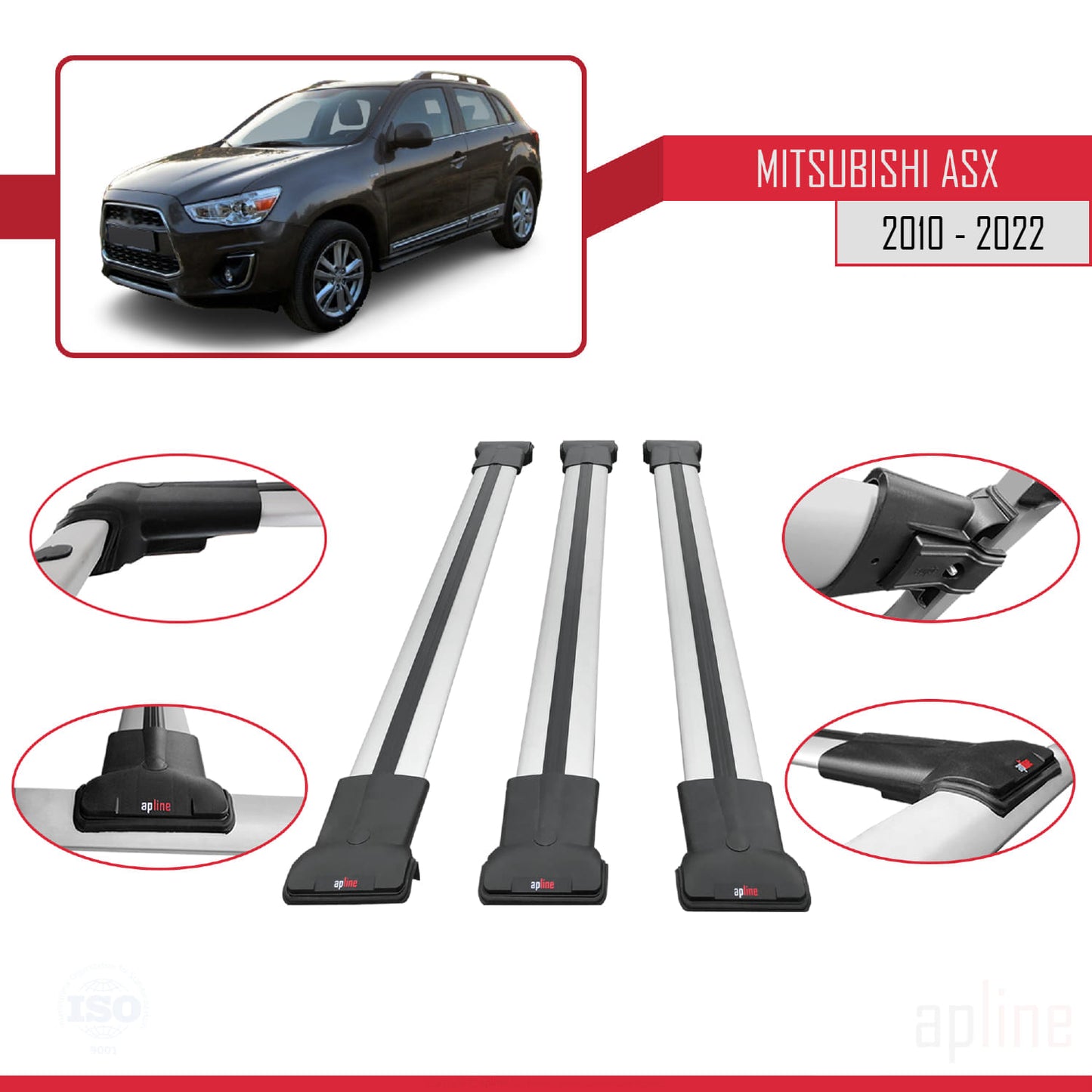 Compatible with Mitsubishi ASX (GA) 2010-2022 FLY Model Car Roof Rack Cross Bar Grey Aluminium 3 Bars