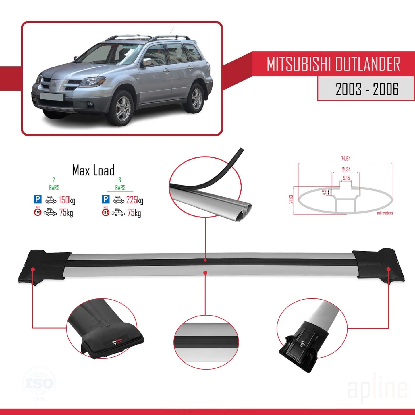 Compatible with Mitsubishi Outlander 2003-2006 FLY Model Car Roof Rack Cross Bar Grey Aluminium 2 Bars