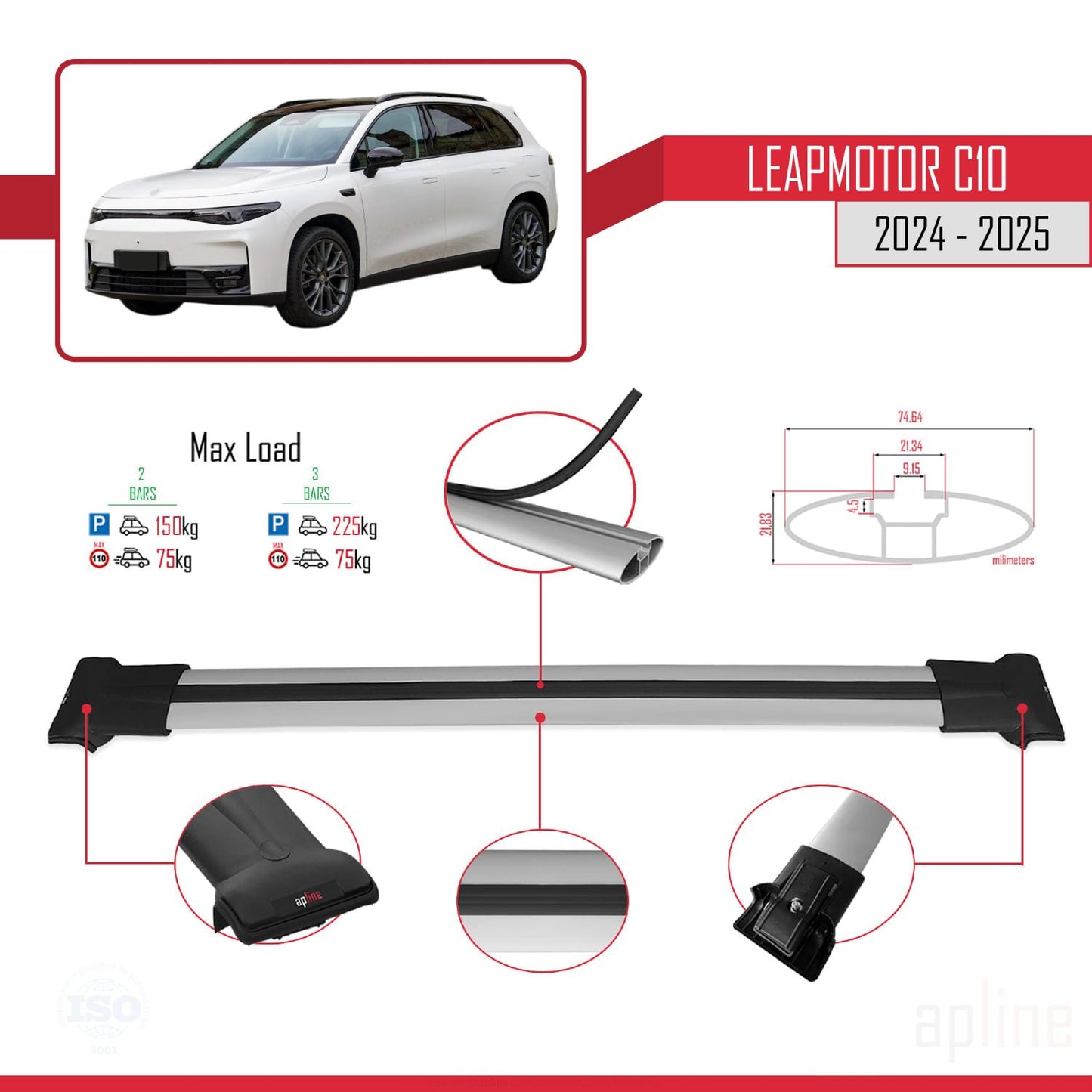 Compatible con LEAPMOTOR C10 2024-2025 FLY Model Barras de Techo Auto Portaequipajes Barras Transversales Gris Aluminio 2 Barras