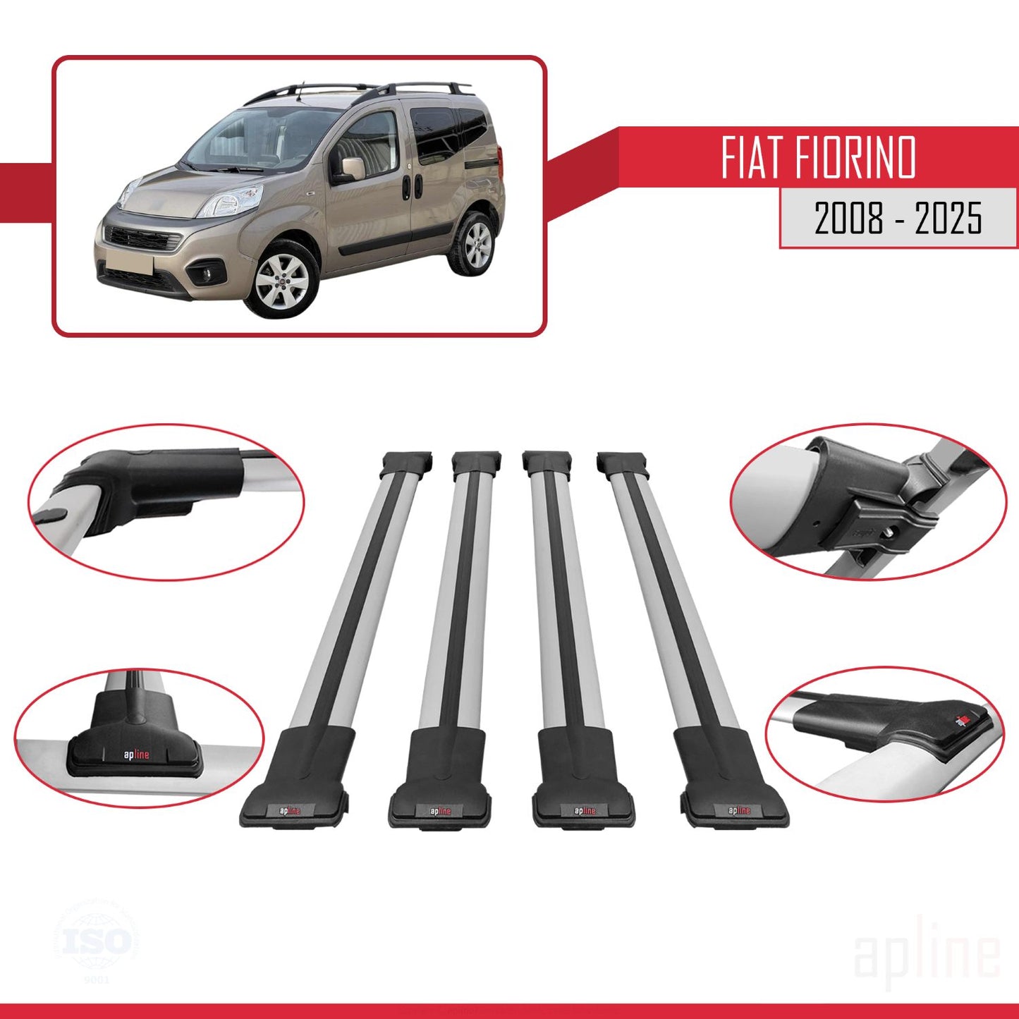 Compatibile con Fiat Fiorino (Modello Tubolare) 2008-2025 Modello FLY Barre Portatutto Railing Portapacchi Auto Alluminio Grigio 4 Barre