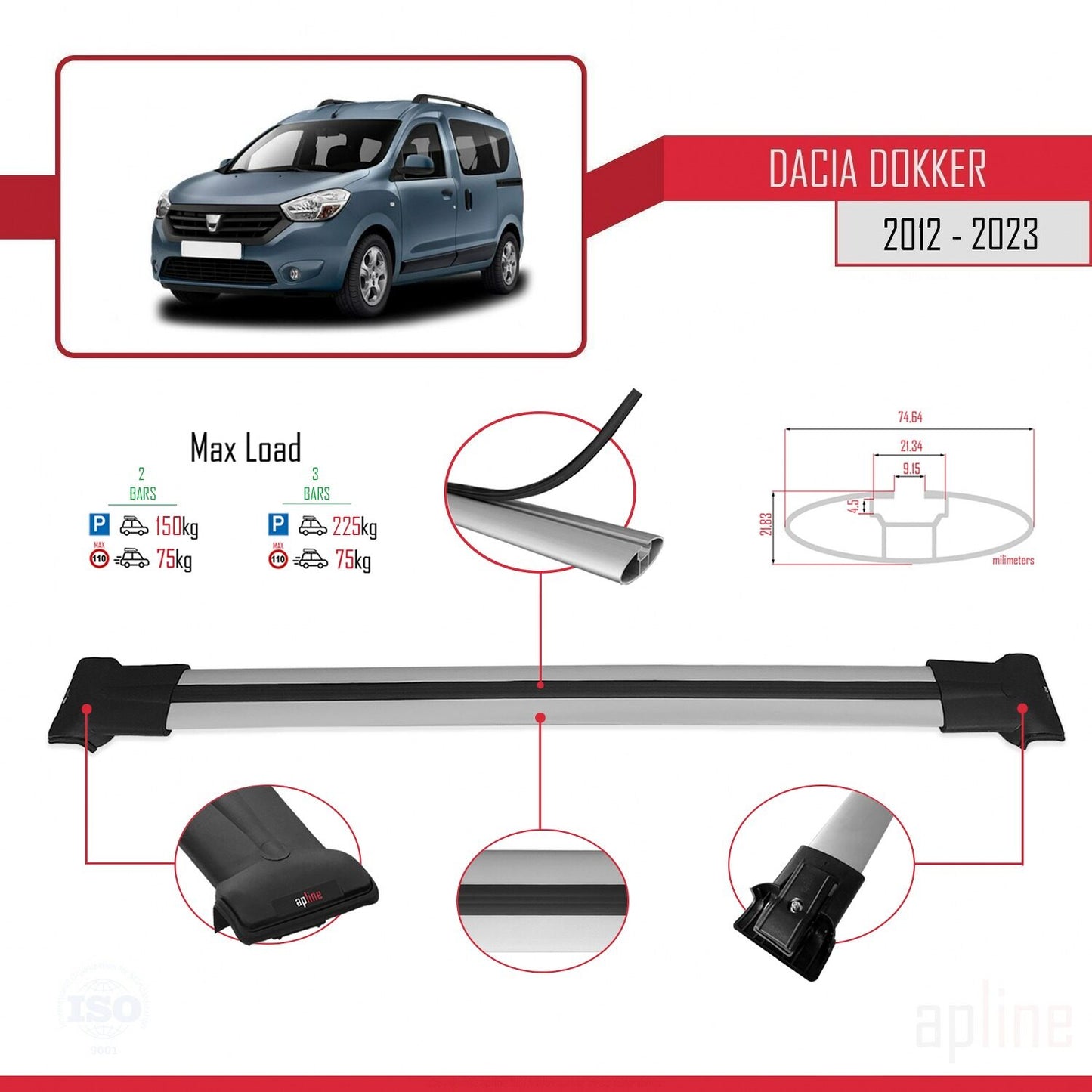 Compatible avec Dacia Dokker 2012-2023 Barres de Toit FLY Modèle Railing Porte-Bagages de voiture GRIS