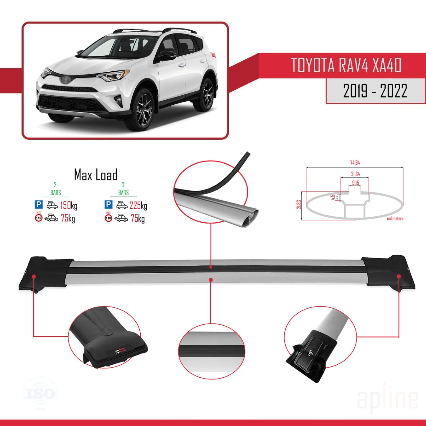 Compatible avec Toyota RAV4 IV (XA40) Post-Facelift 2016-2018 FLY Model Barres de Toit Railing Porte-Bagages de Voiture Gris Aluminium 2 Barres