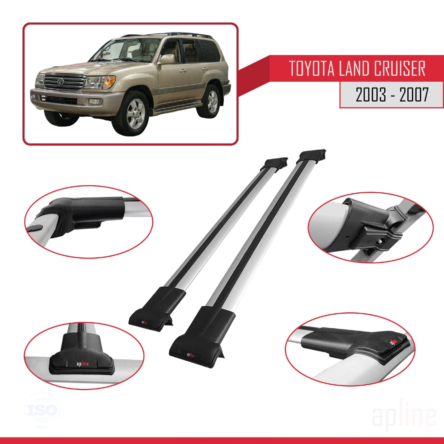 Compatible avec Toyota Land Cruiser (J100) 2003-2007 FLY Model Barres de Toit Railing Porte-Bagages de Voiture Gris Aluminium 2 Barres