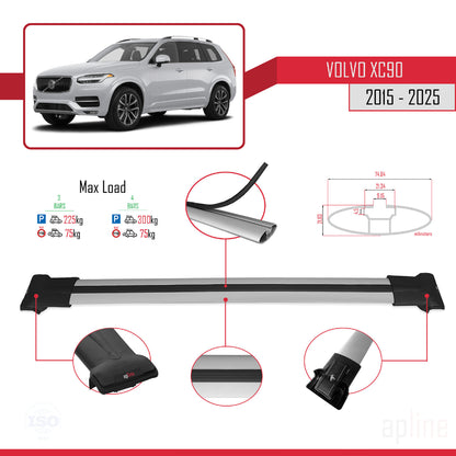 Compatible avec Volvo XC90 II 2015-2025 FLY Model Barres de Toit Railing Porte-Bagages de Voiture Gris Aluminium 3 Barres