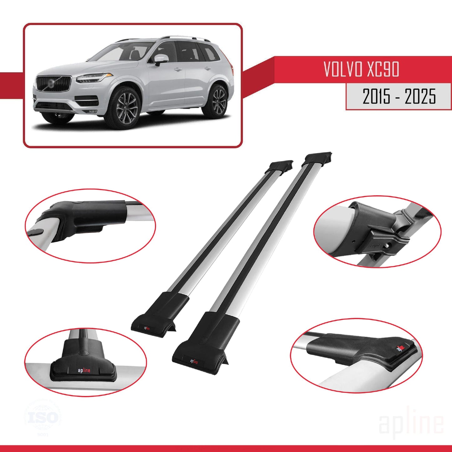 Compatible avec Volvo XC90 II 2015-2025 FLY Model Barres de Toit Railing Porte-Bagages de Voiture Gris Aluminium 2 Barres