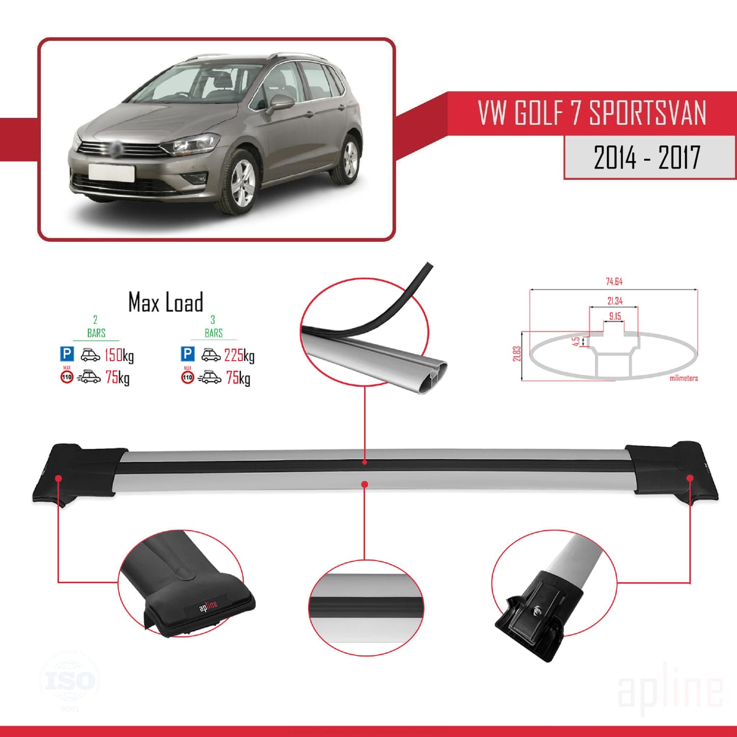Compatible avec Volkswagen Golf Sportvan 2014-2017 FLY Model Barres de Toit Railing Porte-Bagages de Voiture Gris Aluminium 2 Barres