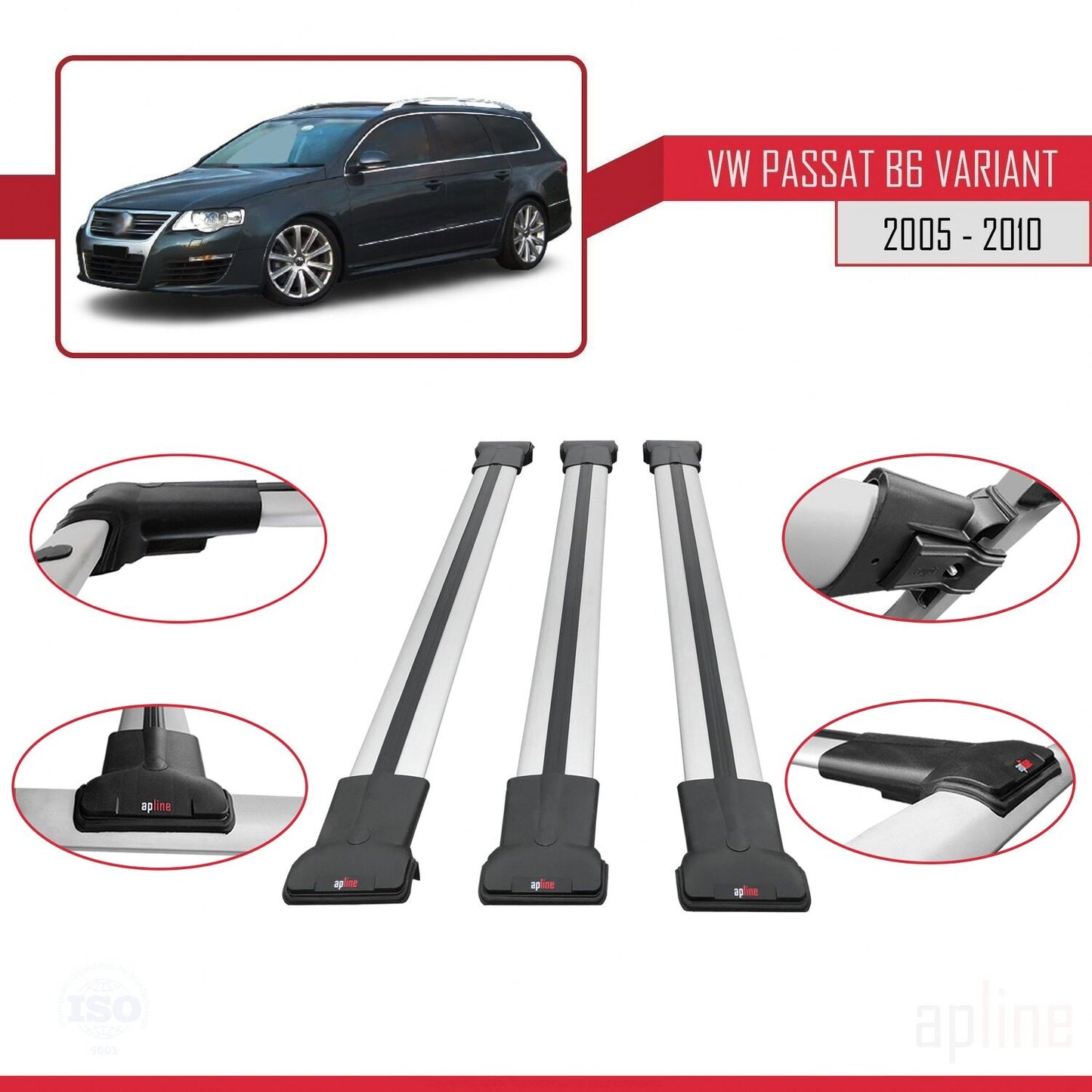 Compatible avec Volkswagen Passat B6 (3C) Variant 2005-2010 FLY Model Barres de Toit Railing Porte-Bagages de Voiture Gris Aluminium 3 Barres