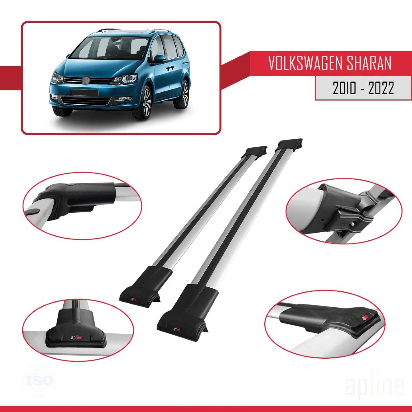 Compatible avec Volkswagen Sharan 2 (7N) 2010-2022 FLY Model Barres de Toit Railing Porte-Bagages de Voiture Gris Aluminium 2 Barres