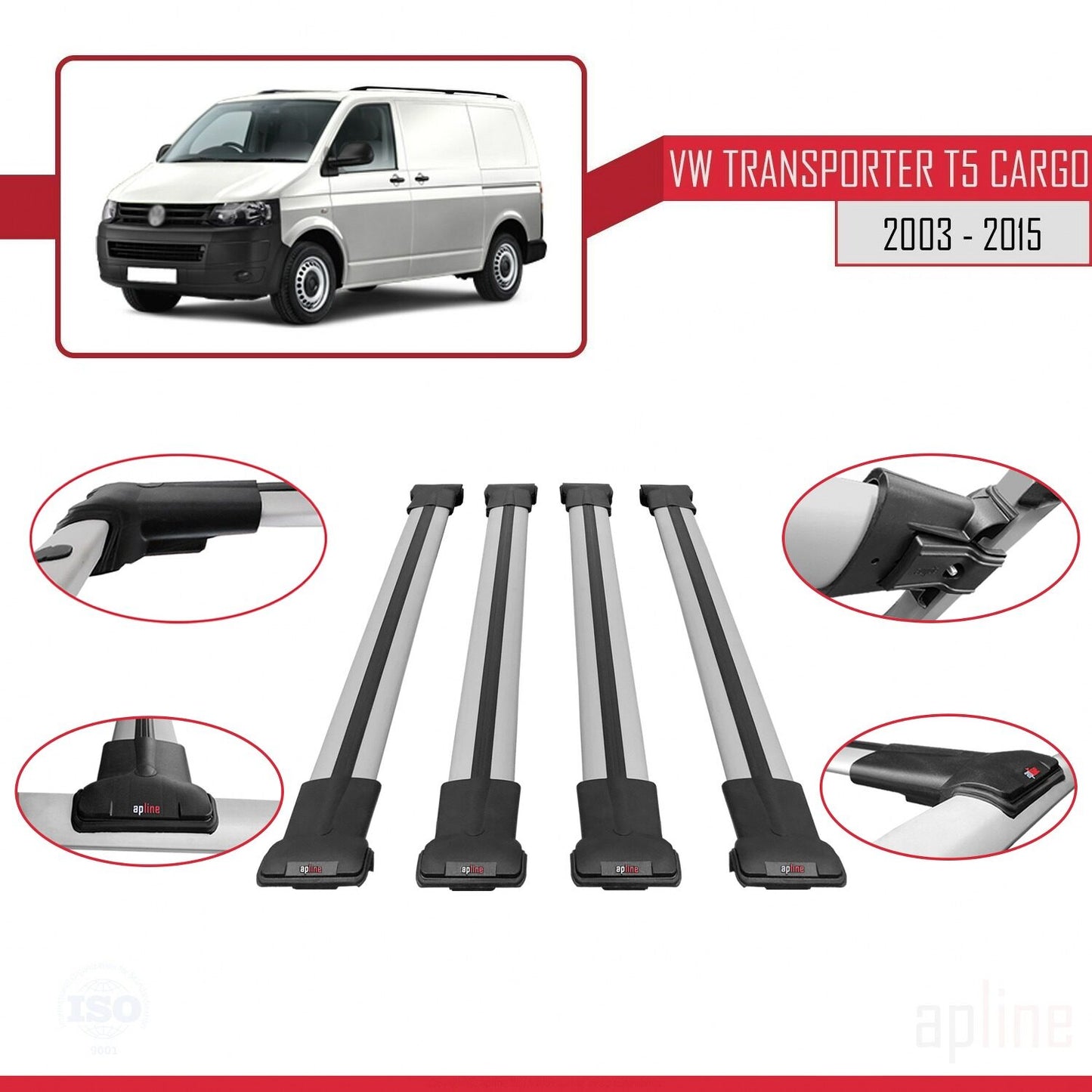 Compatible avec Volkswagen T5 Transporter 2003-2015 FLY Model Barres de Toit Railing Porte-Bagages de Voiture Gris Aluminium 4 Barres
