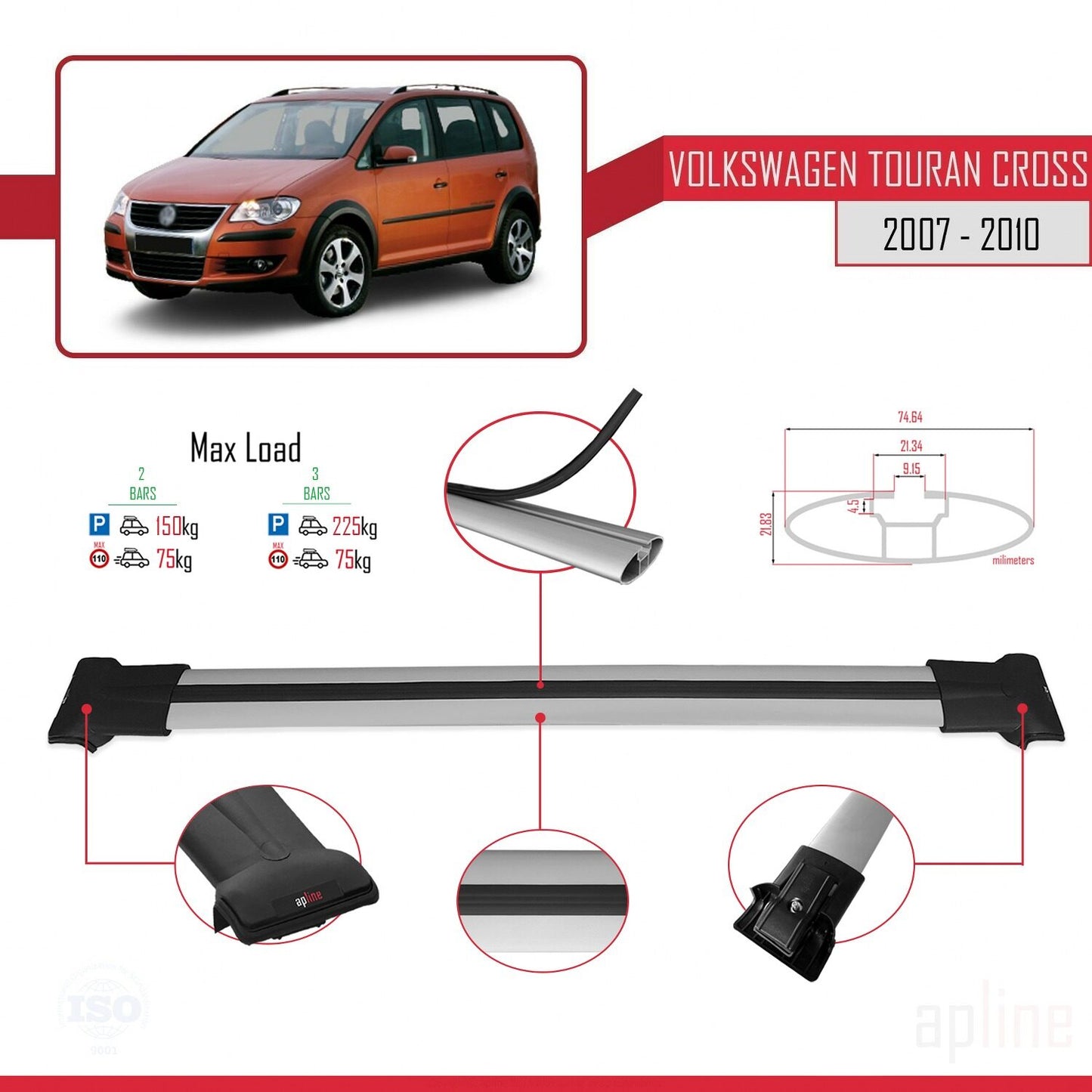 Compatible avec Volkswagen Touran Cross Pre-Facelift 2007-2010 FLY Model Barres de Toit Railing Porte-Bagages de Voiture Gris Aluminium 2 Barres