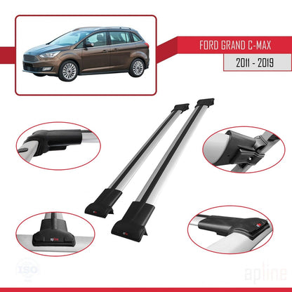 Compatible avec Ford Grand C-Max (C344) 2011-2019 FLY Model Barres de Toit Railing Porte-Bagages de Voiture Gris Aluminium 2 Barres