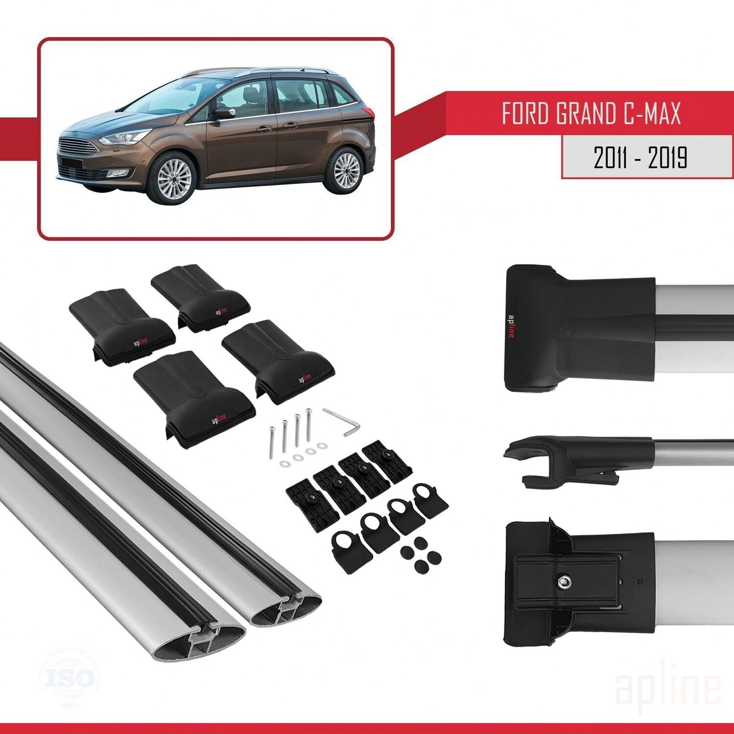 Compatible avec Ford Grand C-Max (C344) 2011-2019 FLY Model Barres de Toit Railing Porte-Bagages de Voiture Gris Aluminium 2 Barres