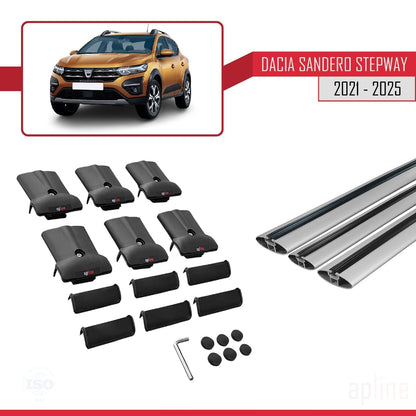 Kompatibel mit Dacia Sandero Stepway 3 2021-2025 FLY Modell Dachgepäckträger, Reling, Gepäckträger, graues Aluminium, 3 Stangen