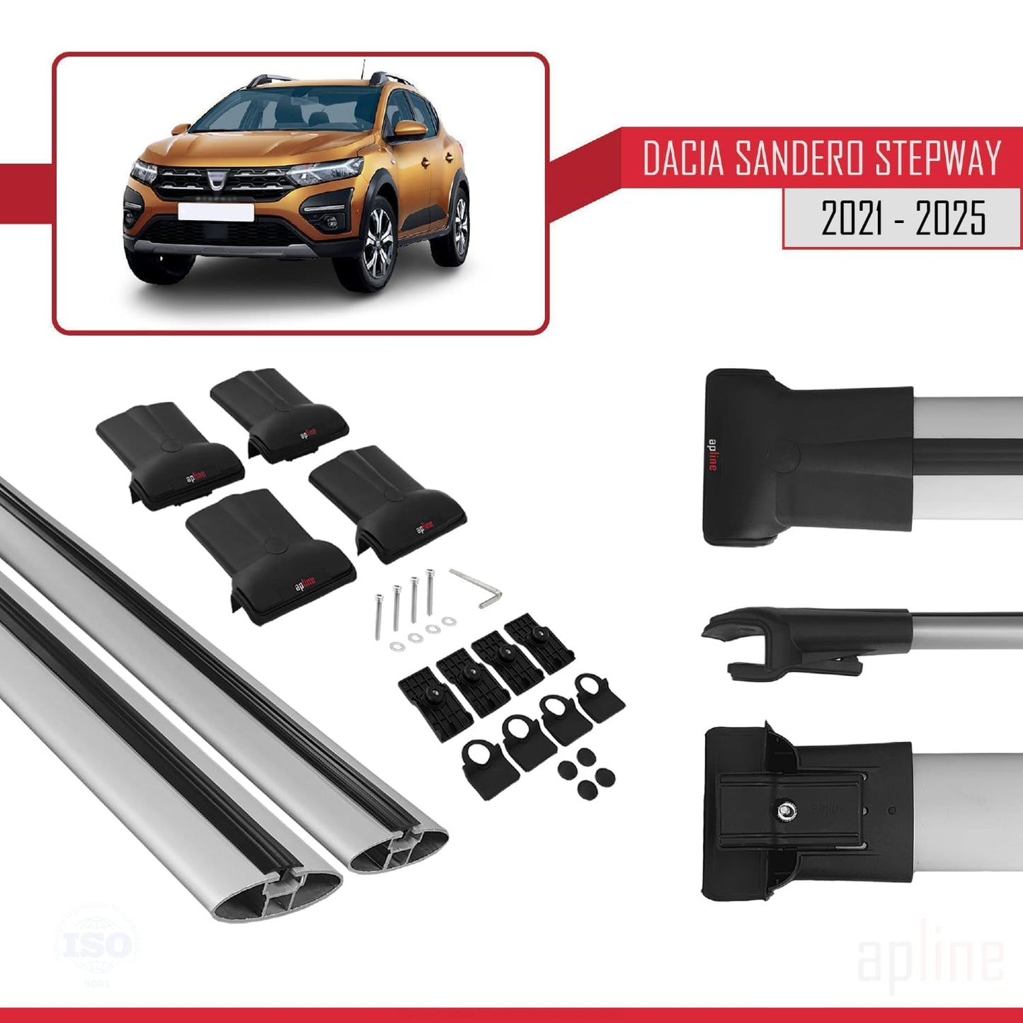Kompatibel mit Dacia Sandero Stepway 3 2021-2025 FLY Modell Dachgepäckträger, Reling, Gepäckträger, graues Aluminium, 2 Stangen