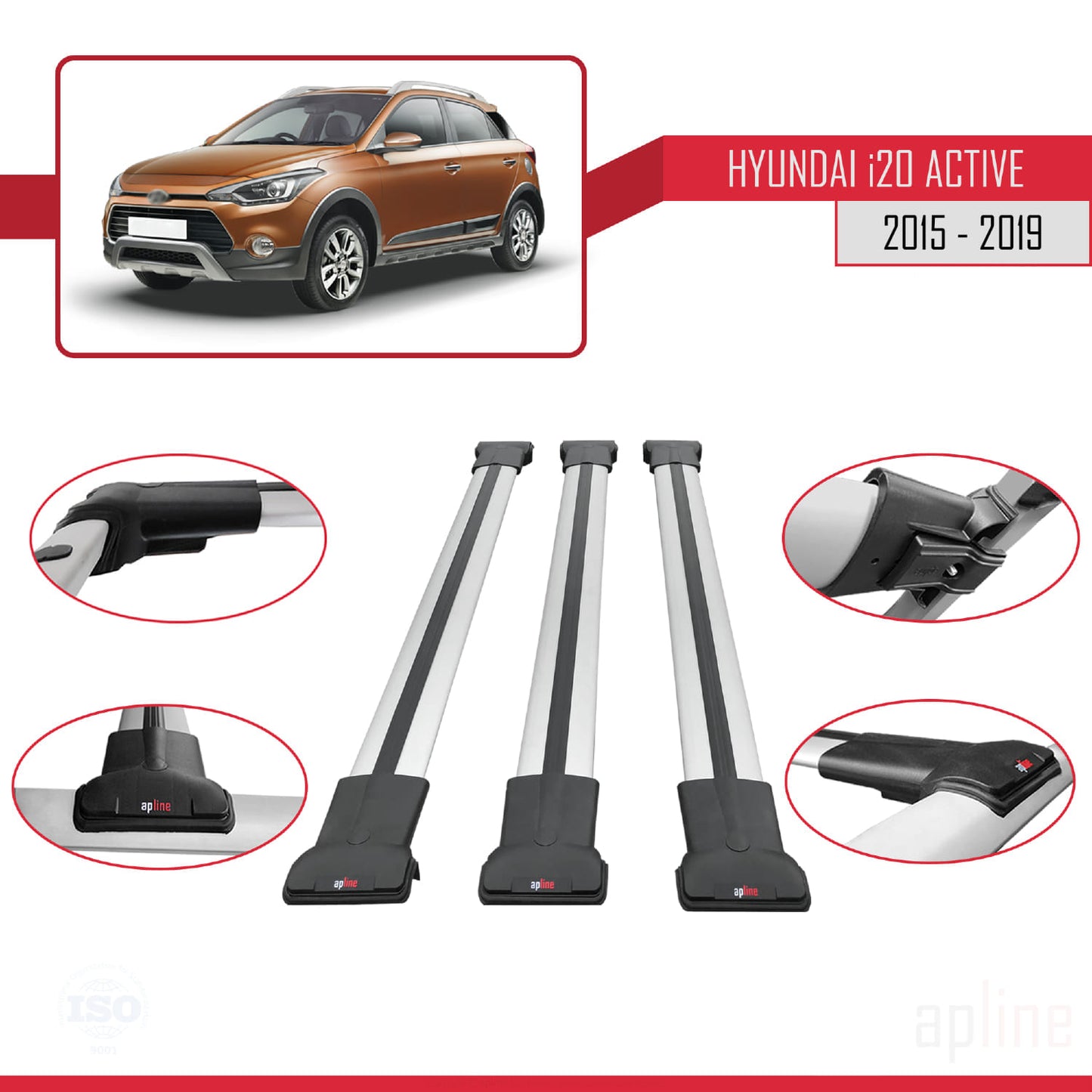 Compatible avec Hyundai i20 II Active 2015-2019 FLY Model Barres de Toit Railing Porte-Bagages de Voiture Gris Aluminium 3 Barres