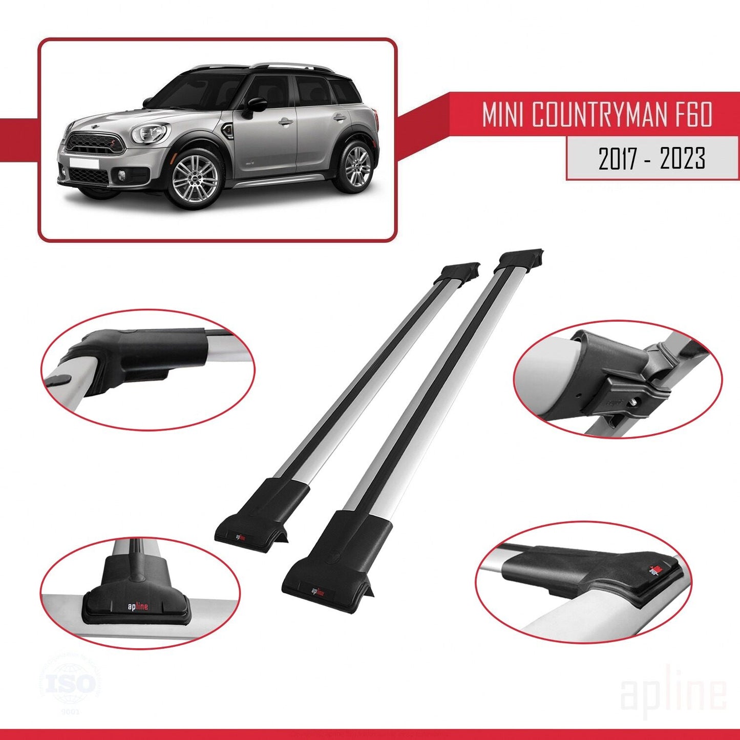 Compatible con Mini Countryman 2 (F60) 2017-2023 FLY Model Barras de Techo Auto Portaequipajes Barras Transversales Gris Aluminio 2 Barras