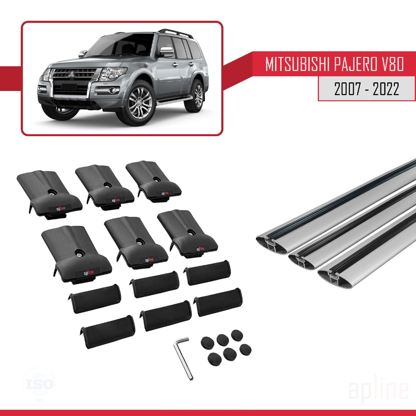 Compatible with Mitsubishi Pajero (V80) 2007-2022 FLY Model Car Roof Rack Cross Bar Grey Aluminium 3 Bars