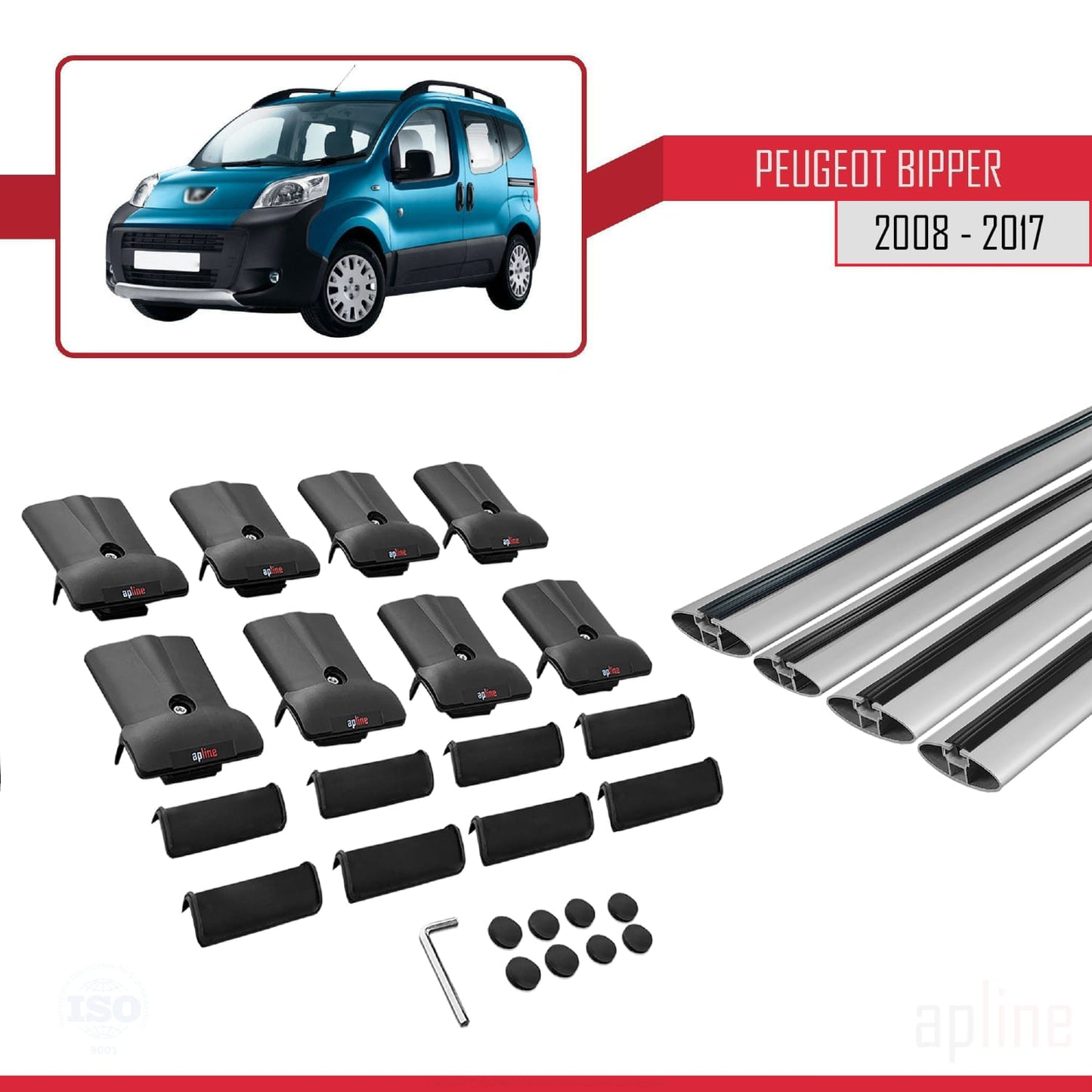 Compatible with Peugeot Bipper 2008-2017 FLY Model Car Roof Rack Cross Bar Grey Aluminium 4 Bars