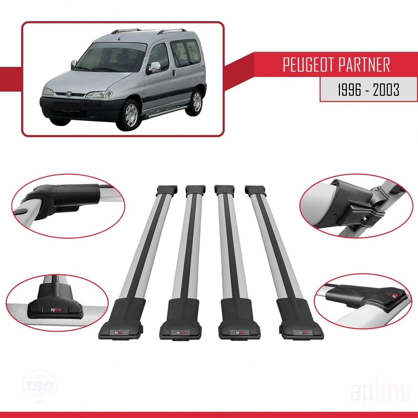 Compatible avec Peugeot Partner Pre-Facelift 1996-2003 FLY Model Barres de Toit Railing Porte-Bagages de Voiture Gris Aluminium 4 Barres