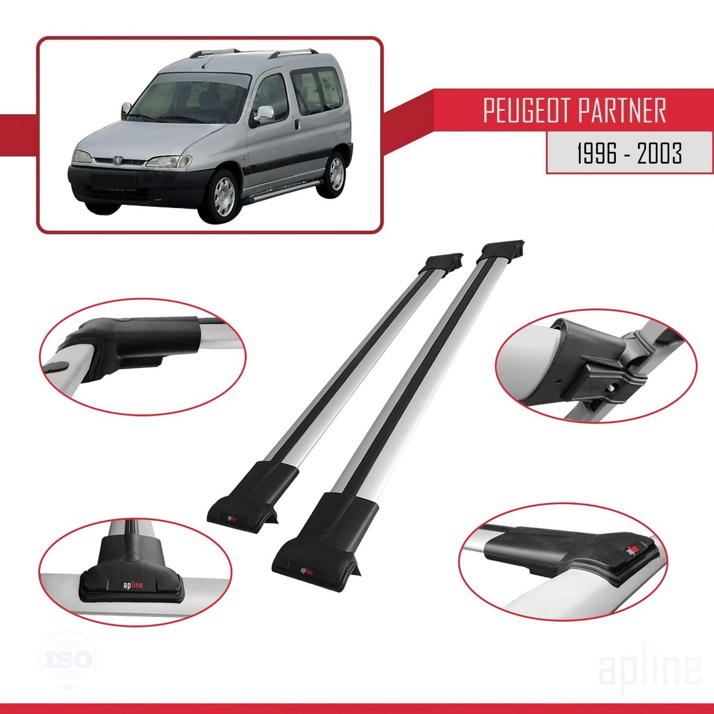 Compatible avec Peugeot Partner Pre-Facelift 1996-2003 FLY Model Barres de Toit Railing Porte-Bagages de Voiture Gris Aluminium 2 Barres