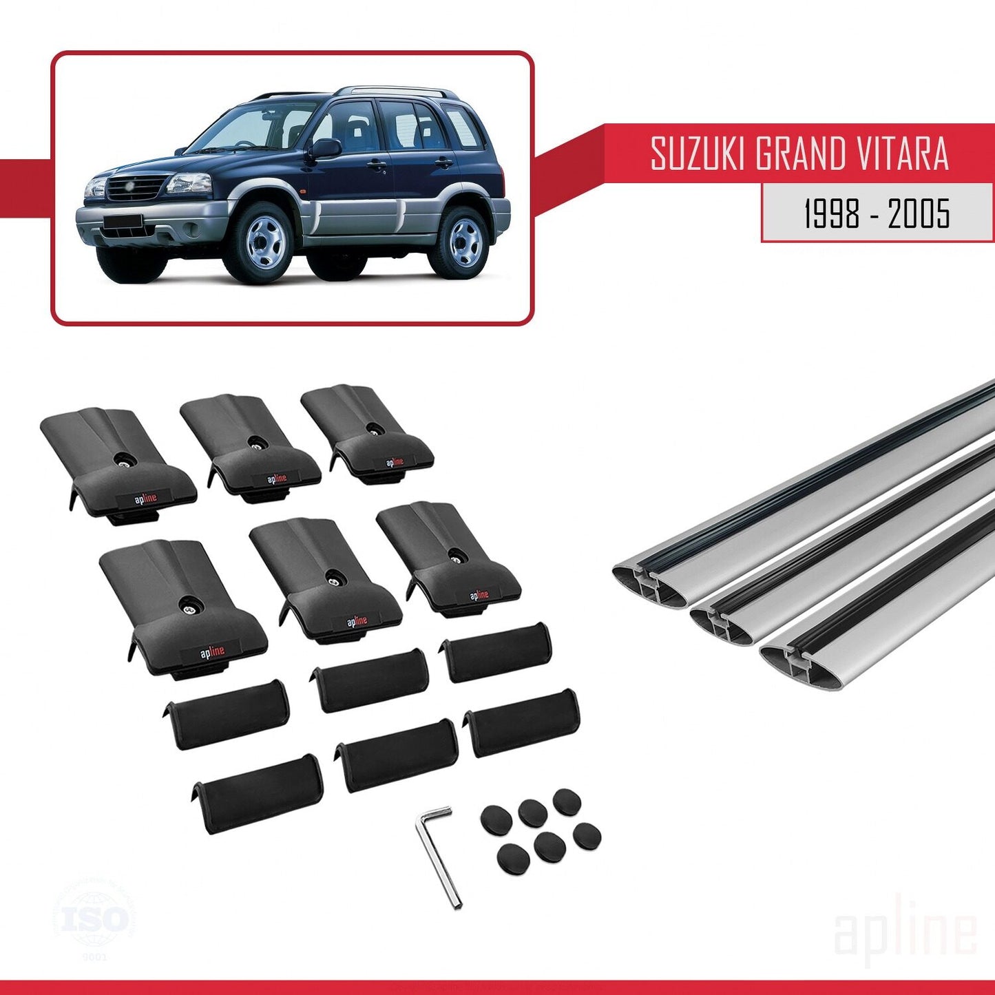Compatible avec Suzuki Grand Vitara (FT) 1998-2005 FLY Model Barres de Toit Railing Porte-Bagages de Voiture Gris Aluminium 3 Barres