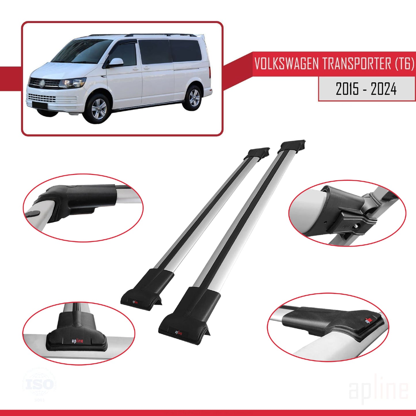 Compatible avec Volkswagen T6 Transporter 2015-2024 FLY Model Barres de Toit Railing Porte-Bagages de Voiture Gris Aluminium 2 Barres