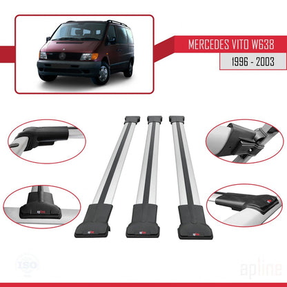 Compatible with Mercedes Vito (W638) 1996-2003 FLY Model Car Roof Rack Cross Bar Grey Aluminium 3 Bars
