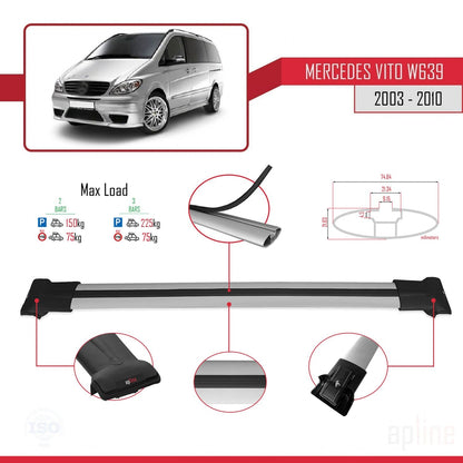 Compatible with Mercedes Vito 2 (W639) Pre-Facelift 2003-2010 FLY Model Car Roof Rack Cross Bar Grey Aluminium 2 Bars