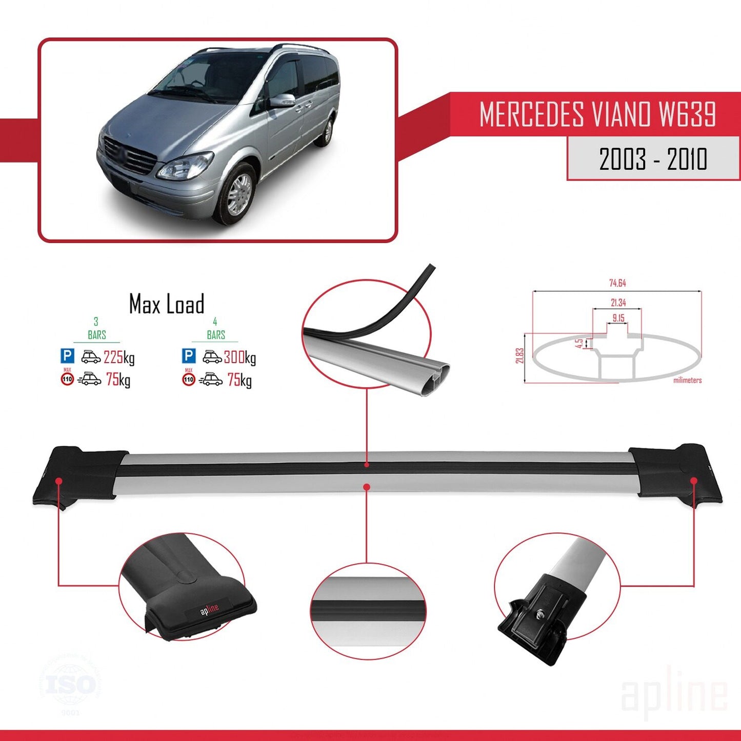 Compatible with Mercedes Viano 2 (W639) Pre-Facelift 2003-2010 FLY Model Car Roof Rack Cross Bar Grey Aluminium 3 Bars