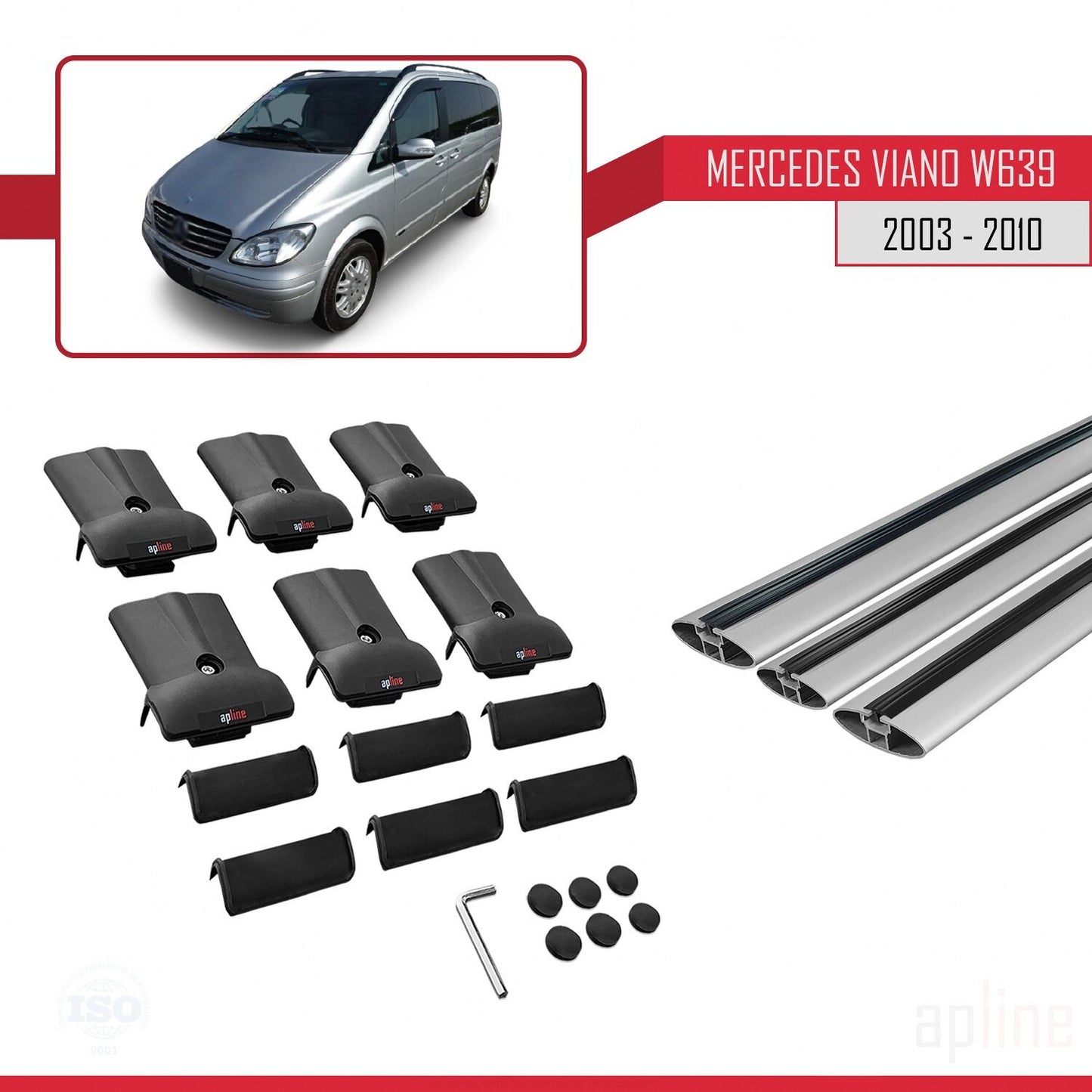 Compatible with Mercedes Viano 2 (W639) Pre-Facelift 2003-2010 FLY Model Car Roof Rack Cross Bar Grey Aluminium 3 Bars