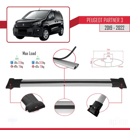 Compatible con Peugeot Partner 3 2019-2022 FLY Model Barras de Techo Auto Portaequipajes Barras Transversales Gris Aluminio 3 Barras