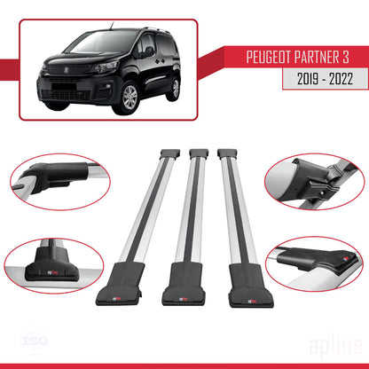 Compatible con Peugeot Partner 3 2019-2022 FLY Model Barras de Techo Auto Portaequipajes Barras Transversales Gris Aluminio 3 Barras