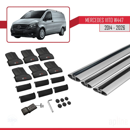 Compatible avec Mercedes Vito 3 (W447) 2014-2025 FLY Model Barres de Toit Railing Porte-Bagages de Voiture Gris Aluminium 3 Barres
