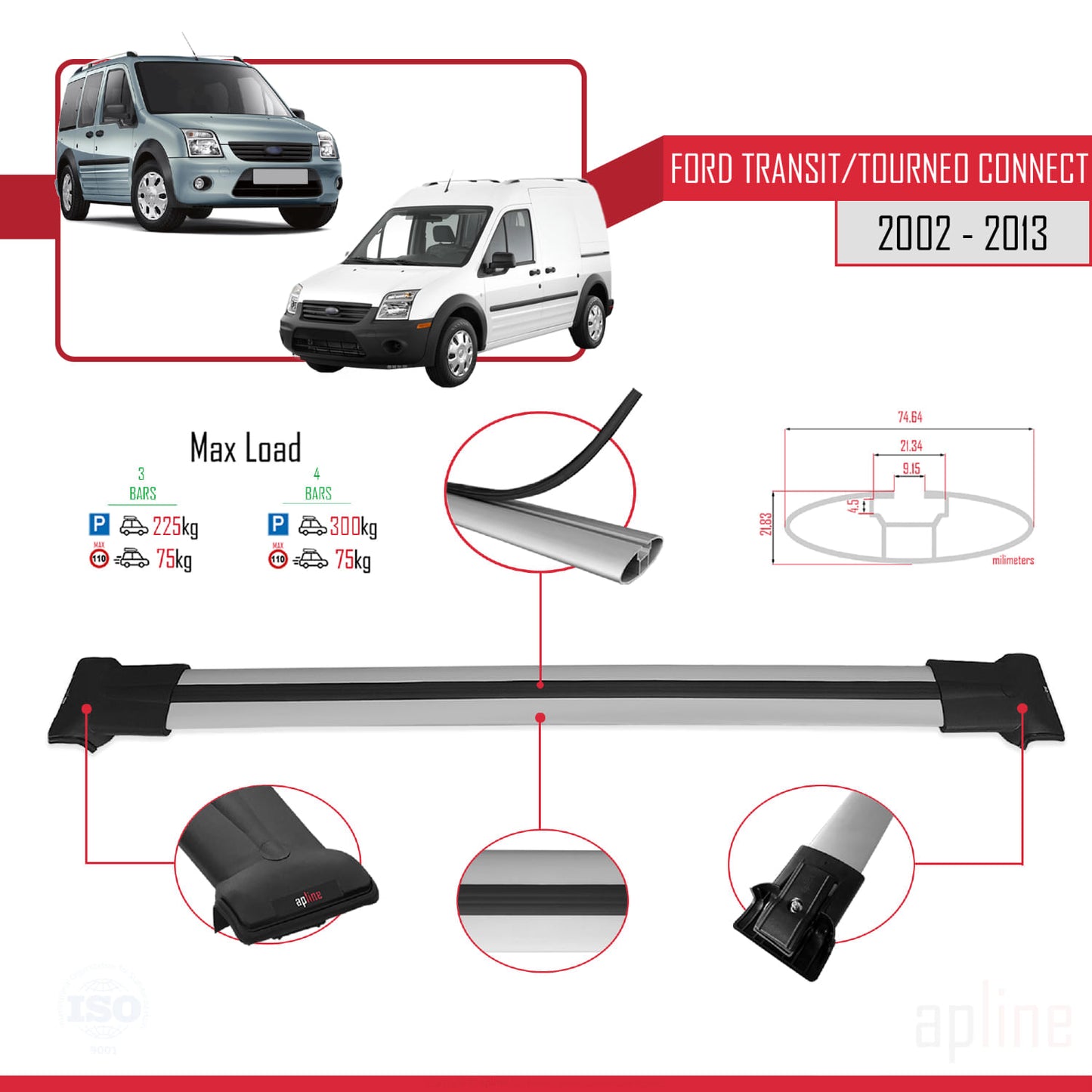 Compatible avec Ford Transit/Tourneo Connect 2002-2013 FLY Model Barres de Toit Railing Porte-Bagages de Voiture Gris Aluminium 4 Barres