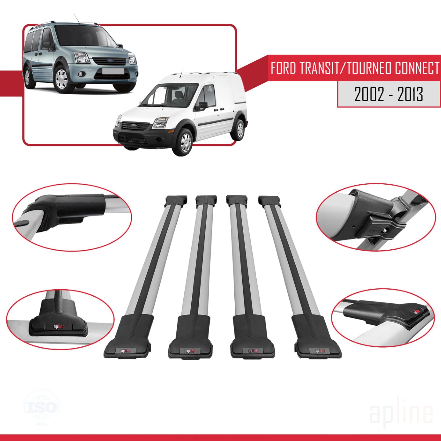 Compatible avec Ford Transit/Tourneo Connect 2002-2013 FLY Model Barres de Toit Railing Porte-Bagages de Voiture Gris Aluminium 4 Barres