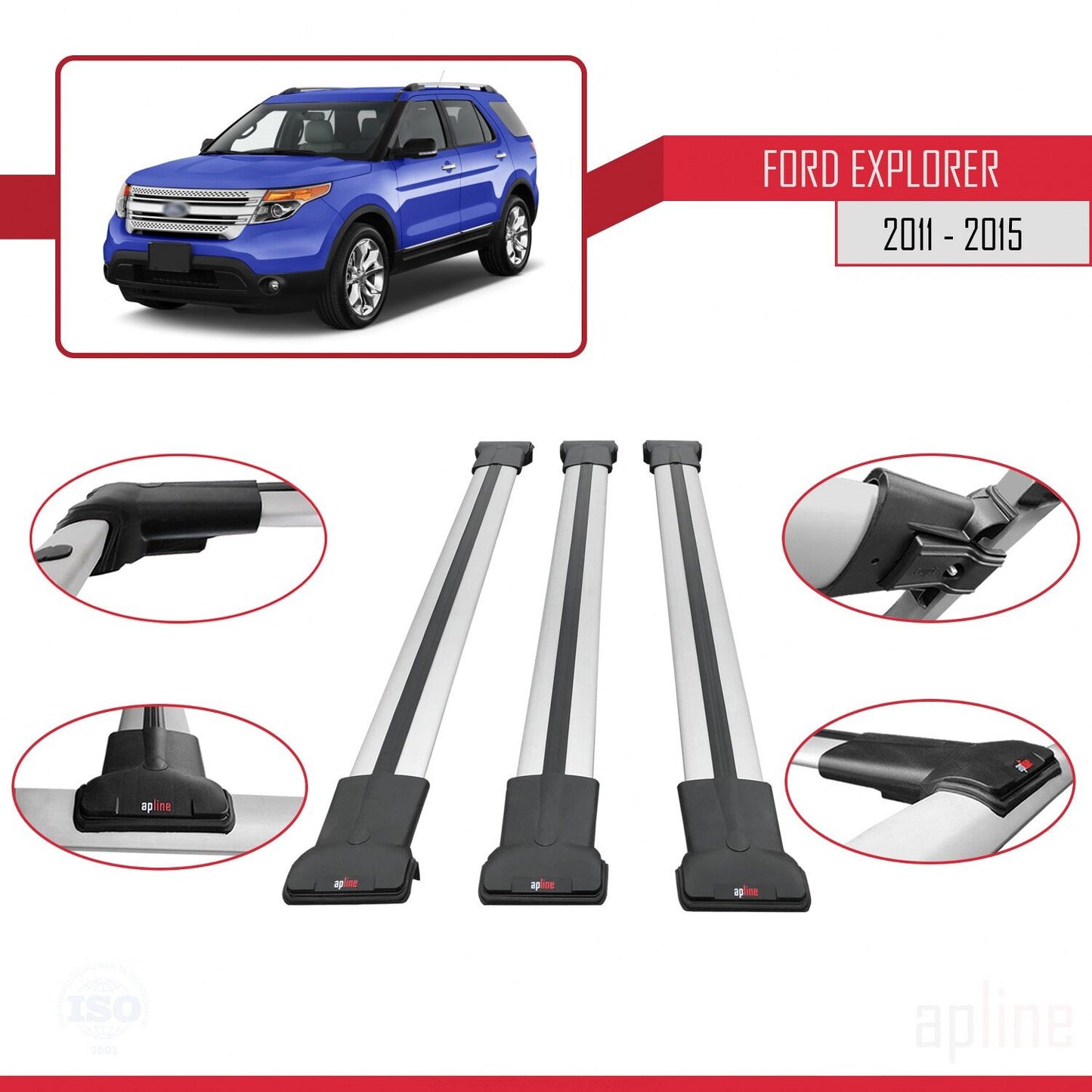 Compatible avec Ford Explorer 5 (U502) Pre-Facelift 2011-2015 FLY Model Barres de Toit Railing Porte-Bagages de Voiture Gris Aluminium 3 Barres