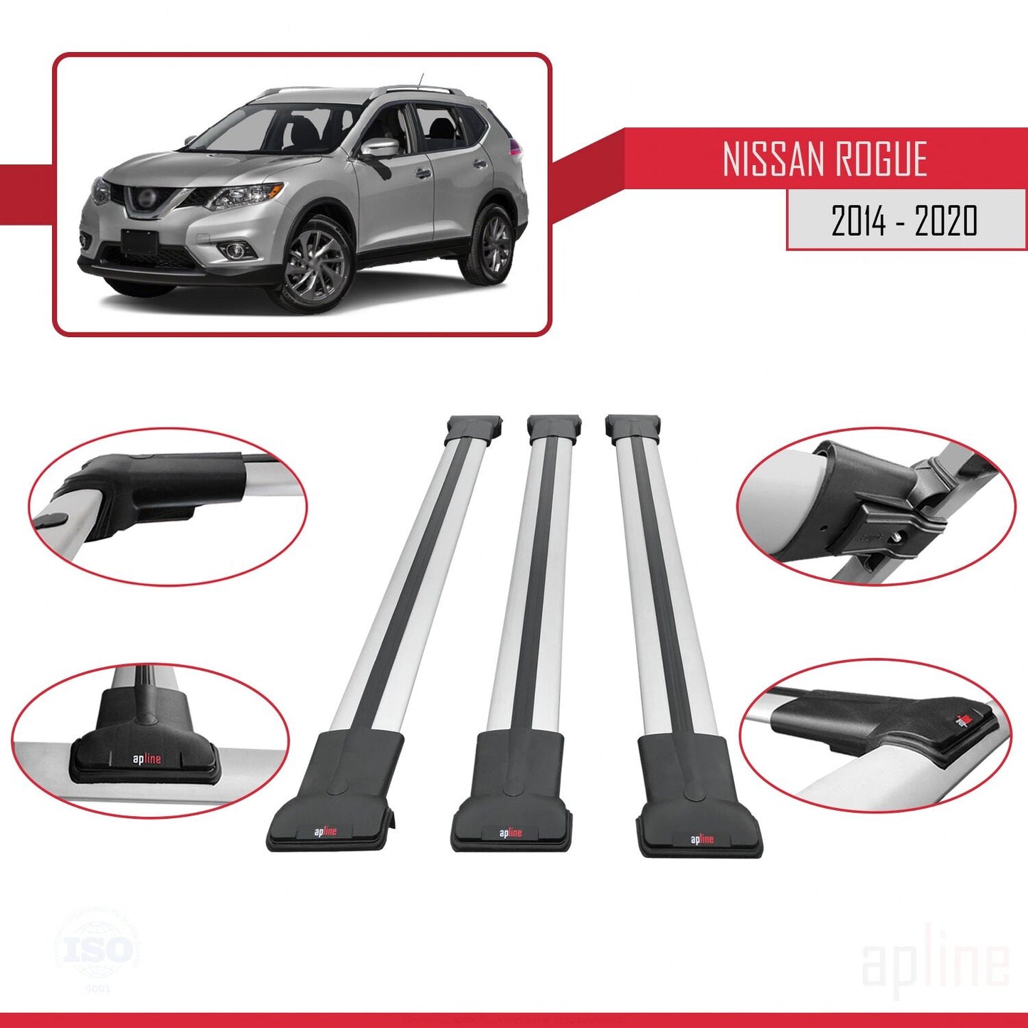 Compatible with Nissan Rogue 2 (T32) 2014-2020 FLY Model Car Roof Rack Cross Bar Grey Aluminium 3 Bars