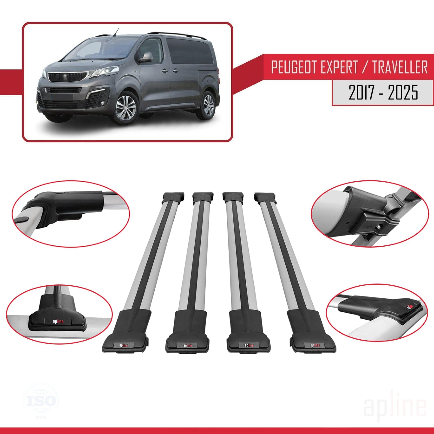 Compatible con Peugeot Expert 3 Traveller 2017-2025 FLY Model Barras de Techo Auto Portaequipajes Barras Transversales Gris Aluminio 4 Barras